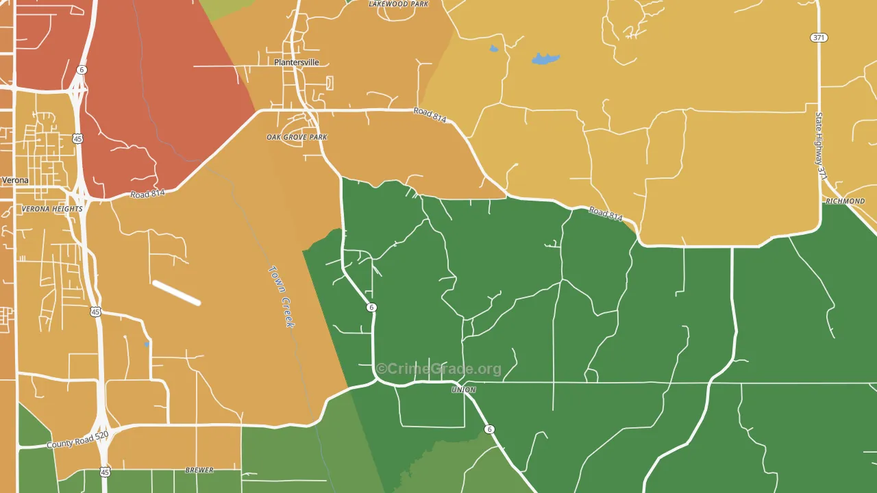 Plantersville, MS Map of Assault Rates