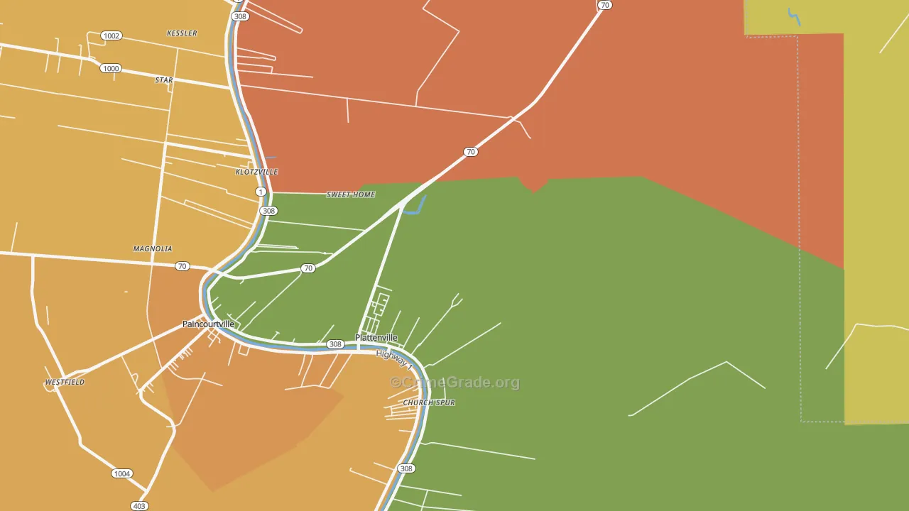 Plattenville, LA Map of Assault Rates