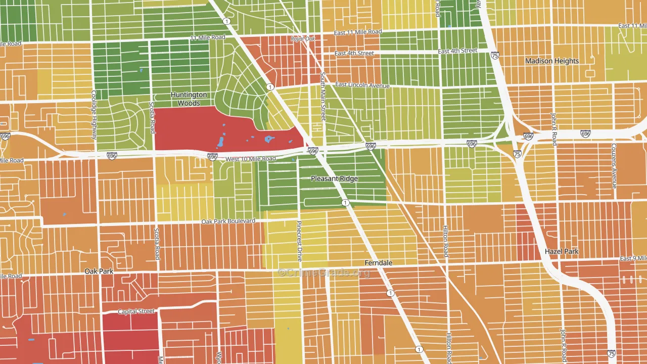 Pleasant Ridge, MI Map of Assault Rates