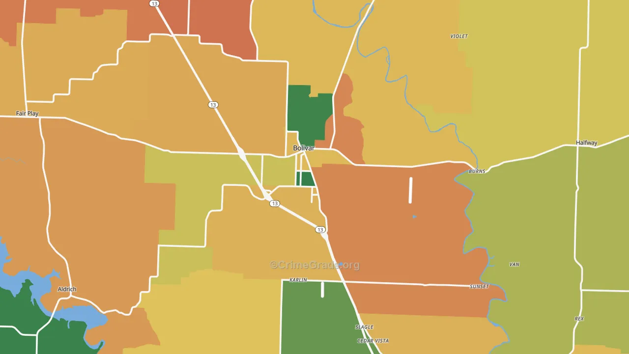 Polk County, MO Map of Assault Rates