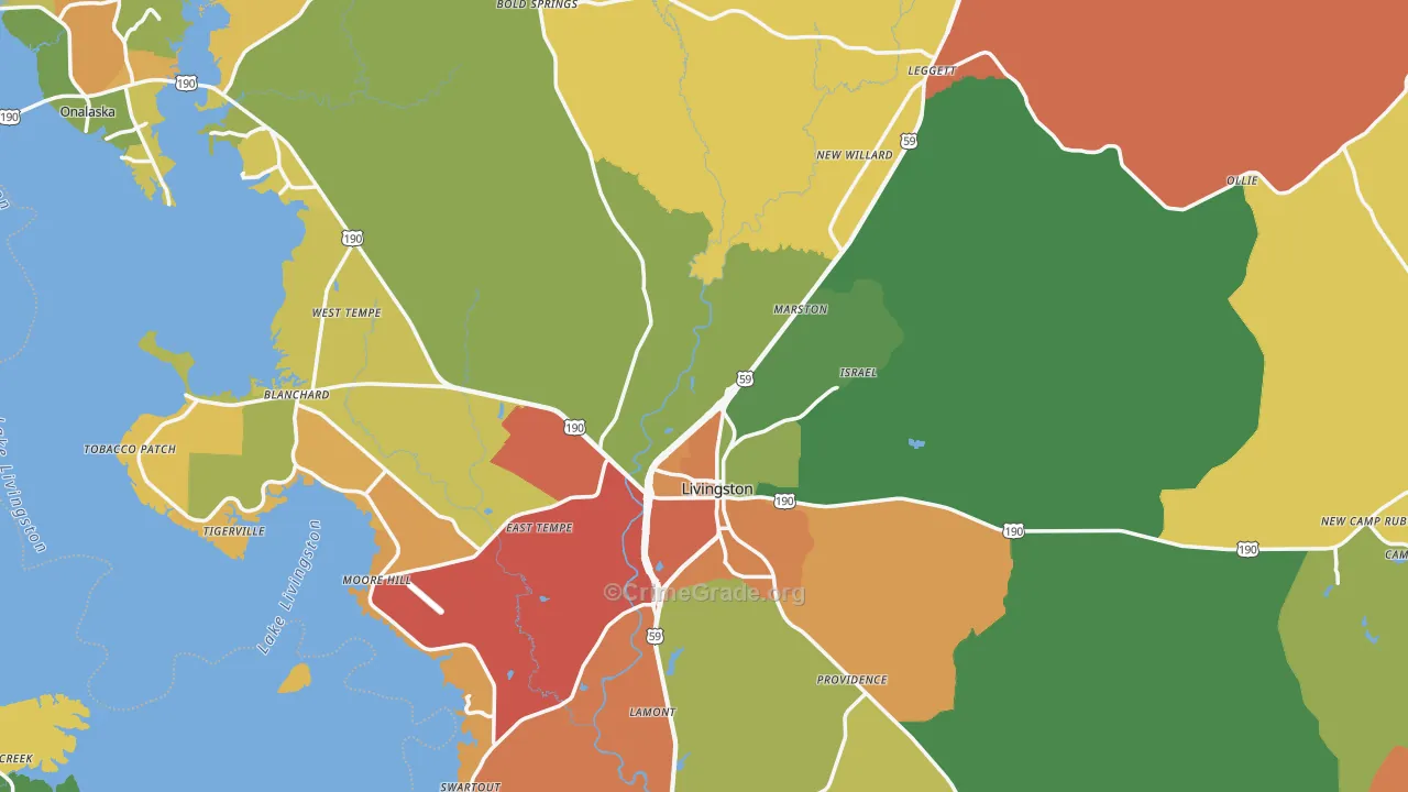 Polk County, TX Map of Assault Rates
