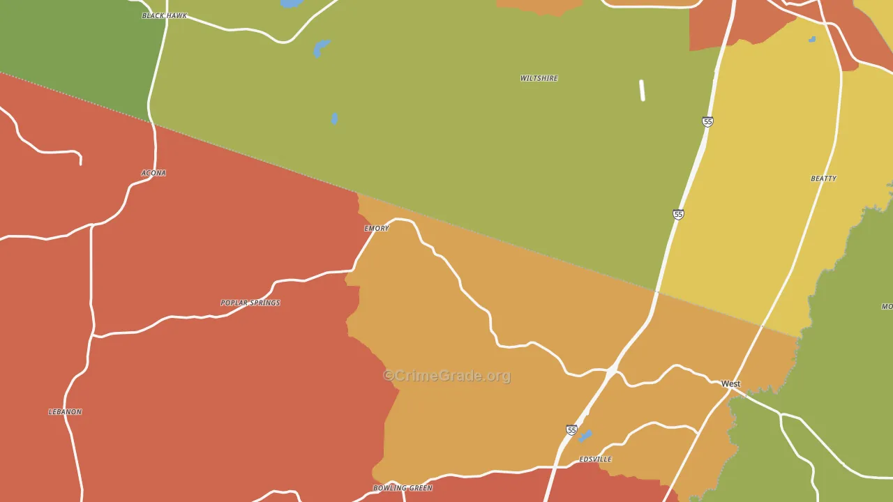 Poplar Springs, MS Map of Assault Rates