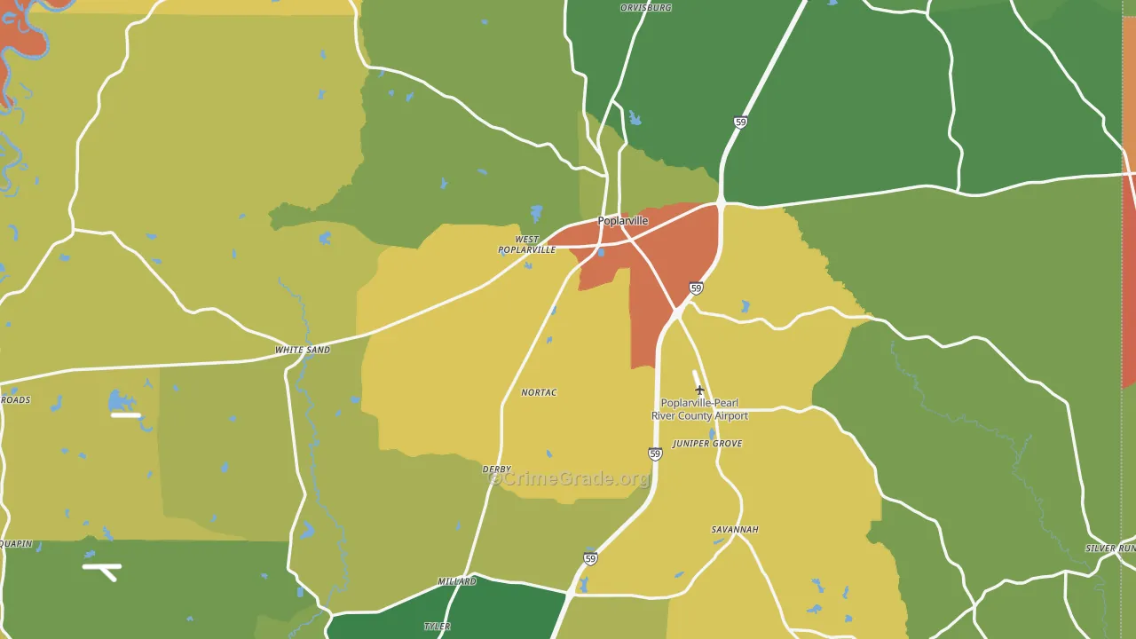 Poplarville, MS Map of Assault Rates