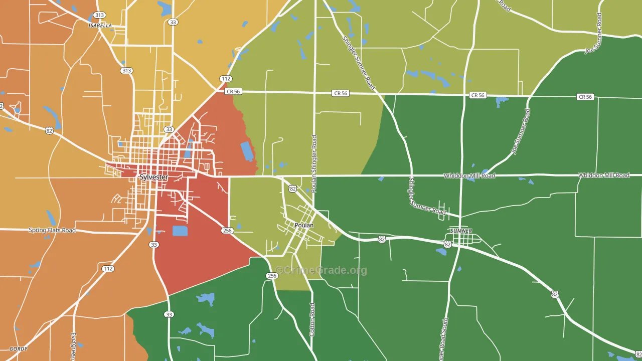 Poulan, GA Map of Assault Rates
