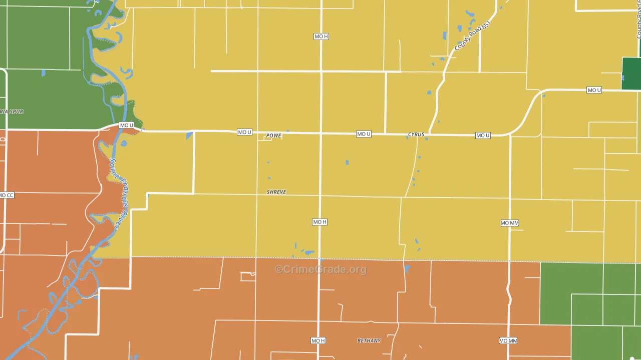 Powe, MO Map of Assault Rates