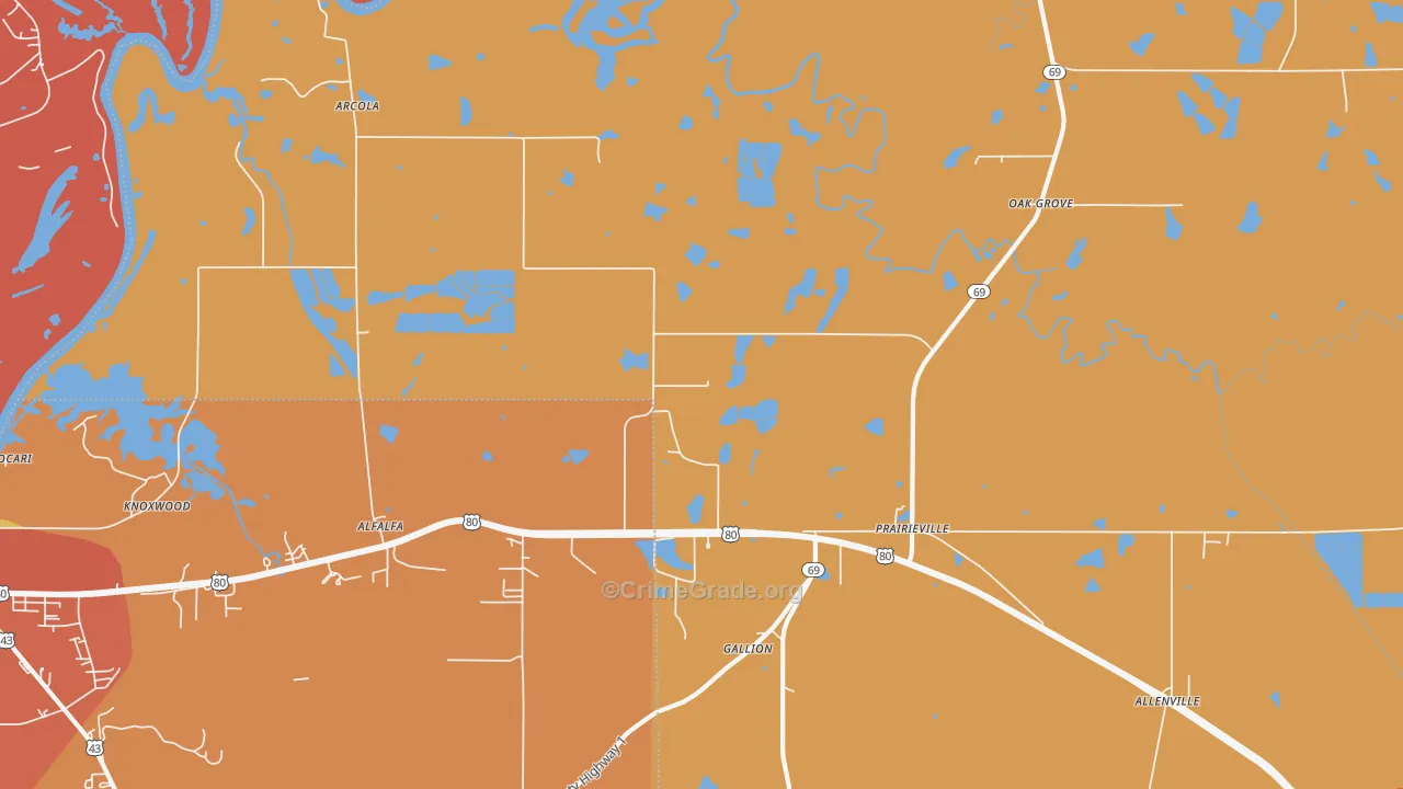 Prairieville, AL Map of Assault Rates