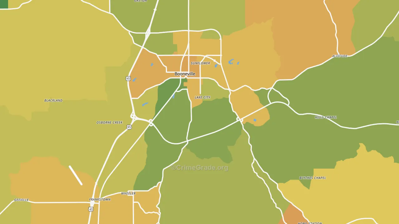 Prentiss County, MS Map of Assault Rates