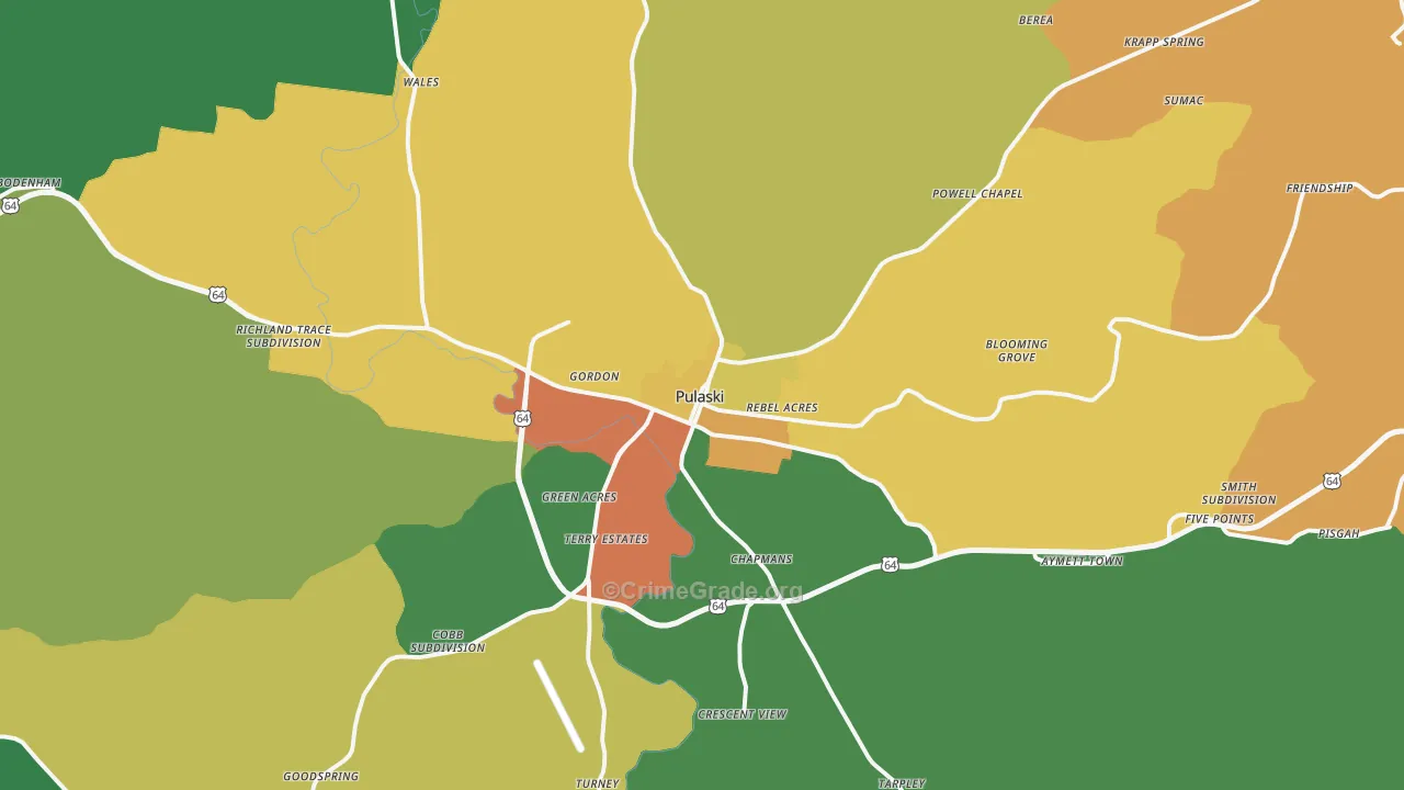 Pulaski, TN Map of Assault Rates