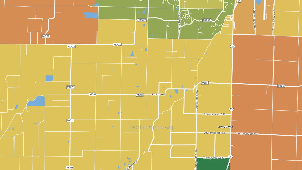 Pyletown, MO Map of Assault Rates