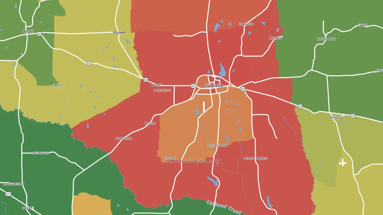 Red River County, TX Map of Assault Rates