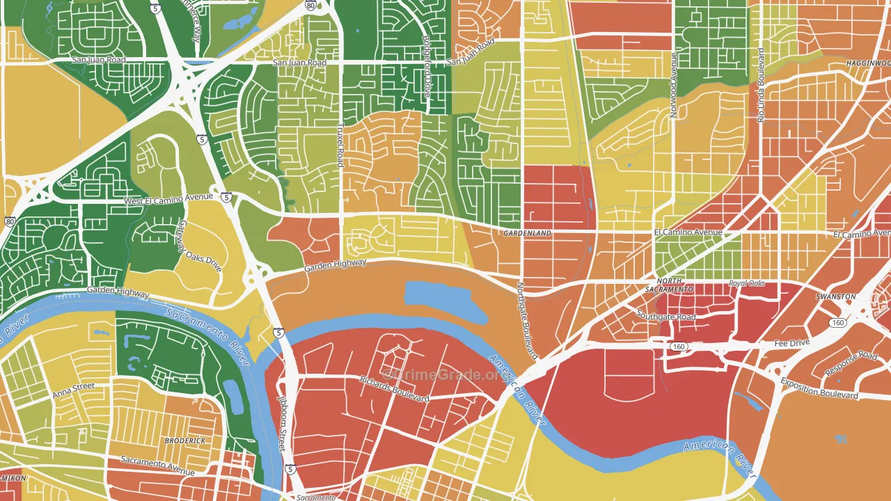 River Gardens, Sacramento, CA Map of Assault Rates