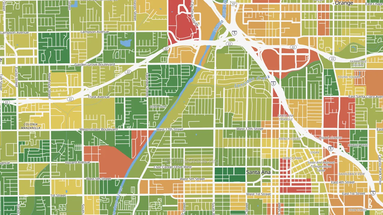 Riverview-Santa Ana, Santa Ana, CA Map of Assault Rates