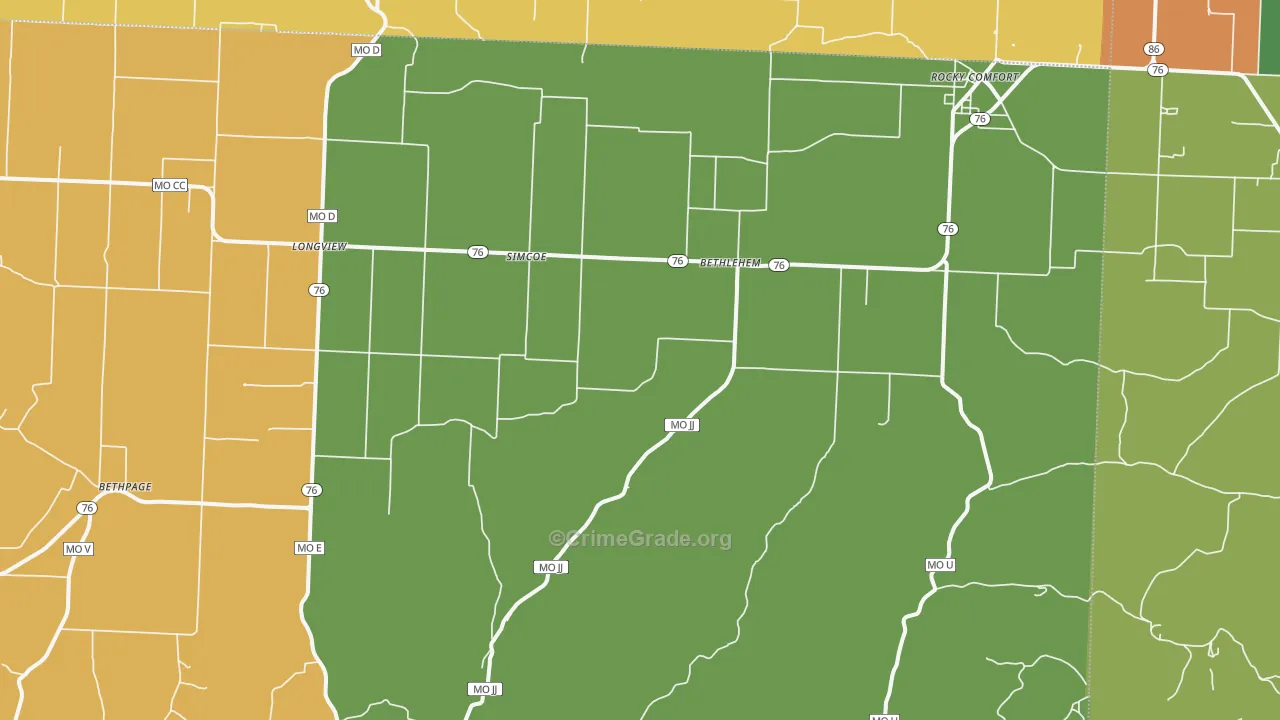 Rocky Comfort, MO Map of Assault Rates
