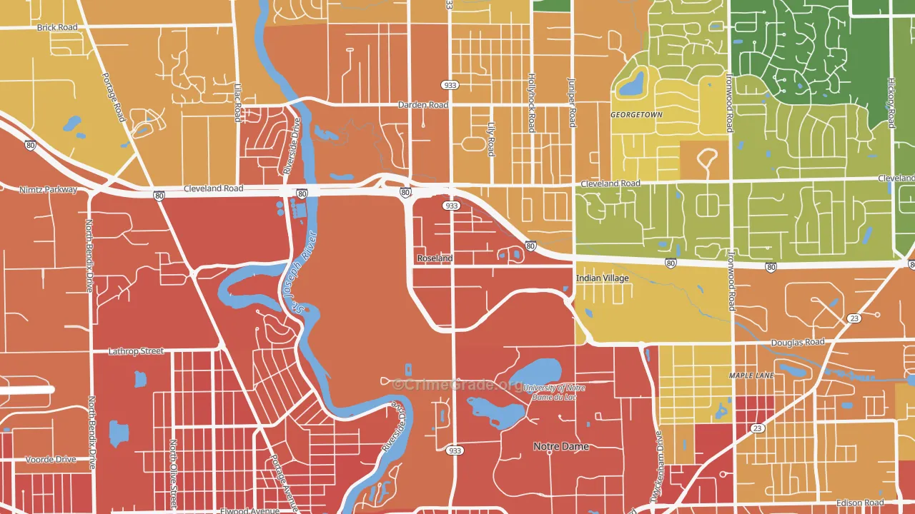 Roseland, IN Map of Assault Rates