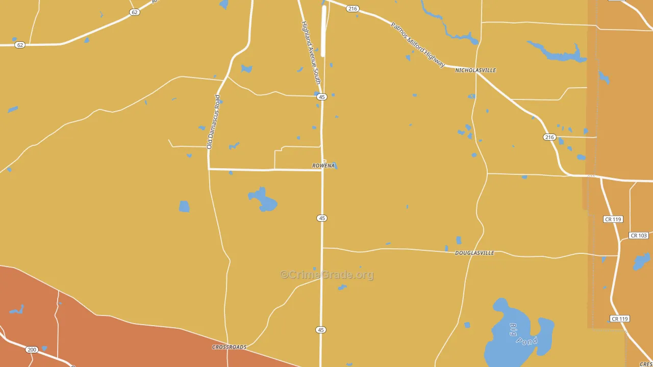 Rowena, GA Map of Assault Rates