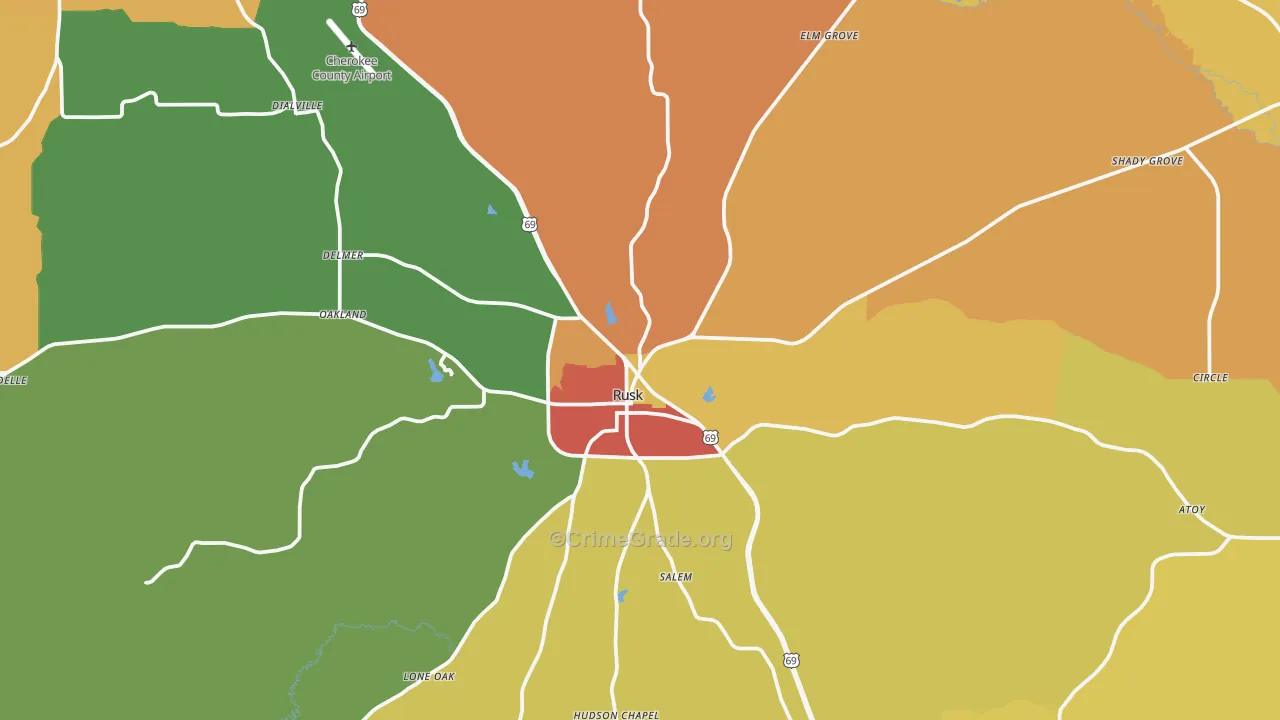 Rusk, TX Map of Assault Rates