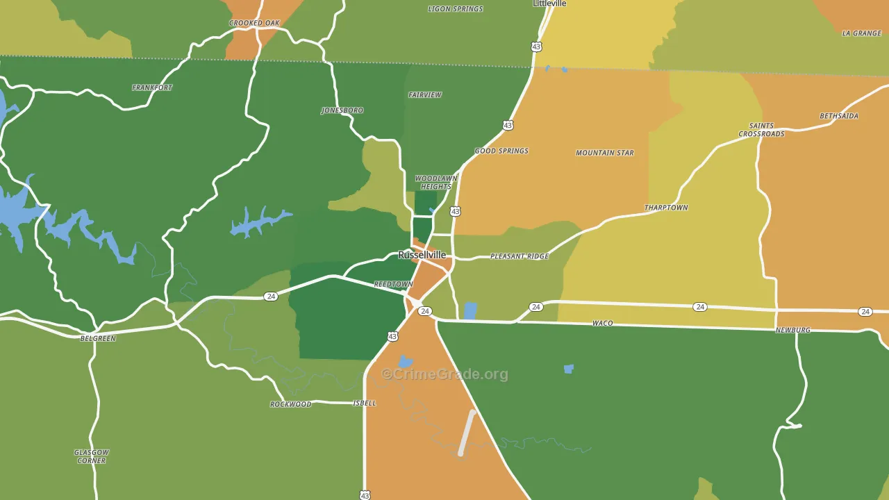 Russellville, AL Map of Assault Rates