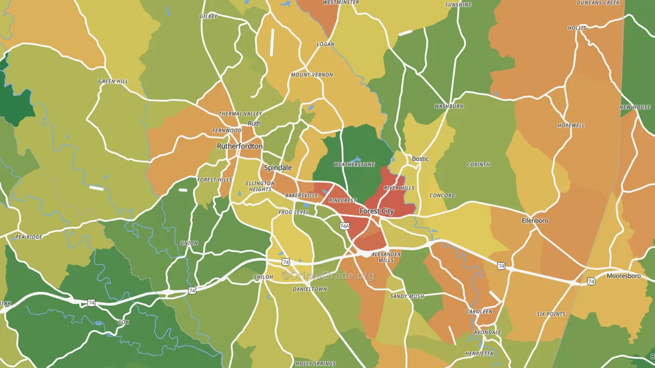 Rutherford County, NC Map of Assault Rates