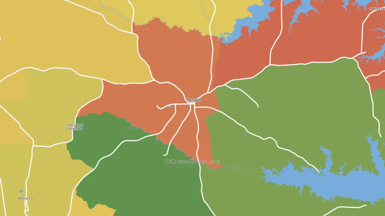 Sabine County, TX Map of Assault Rates