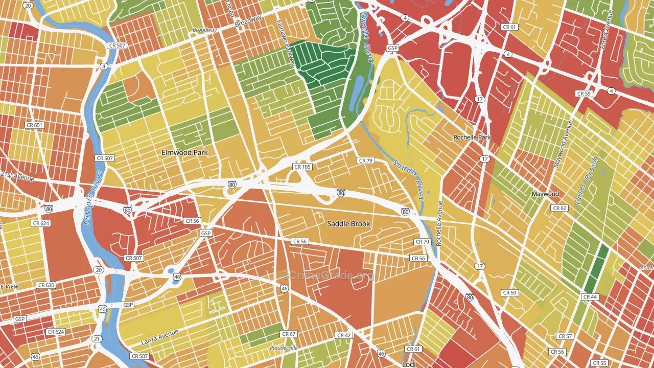 Saddle Brook, NJ Map of Assault Rates