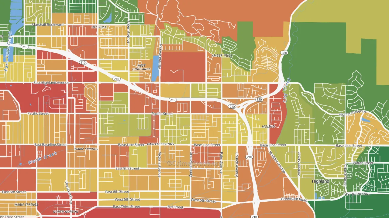 San Andreas, Highland, CA Map of Assault Rates