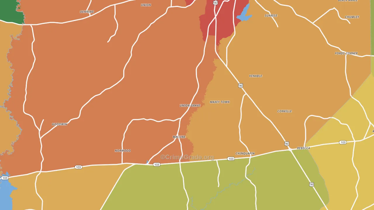 San Augustine County, TX Map of Assault Rates