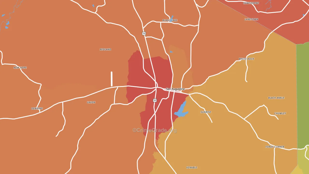 San Augustine, TX Map of Assault Rates