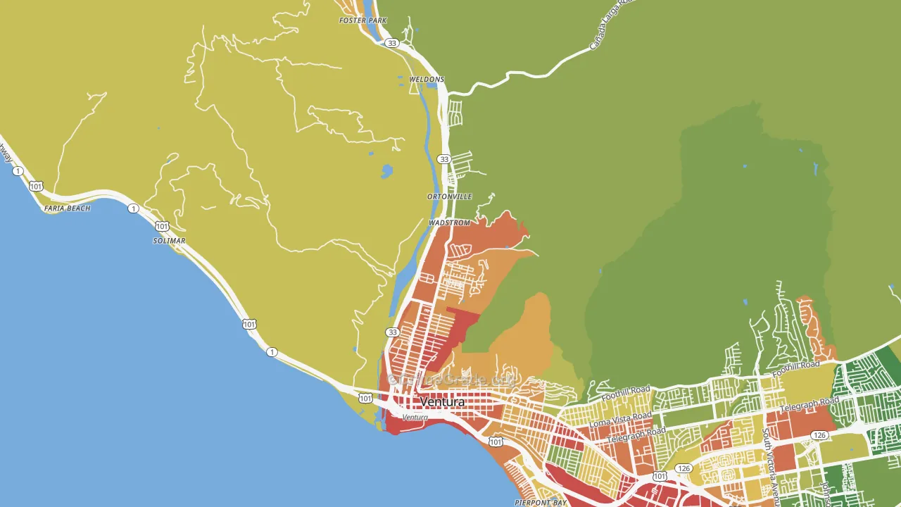 San Buenaventura, CA Map of Assault Rates