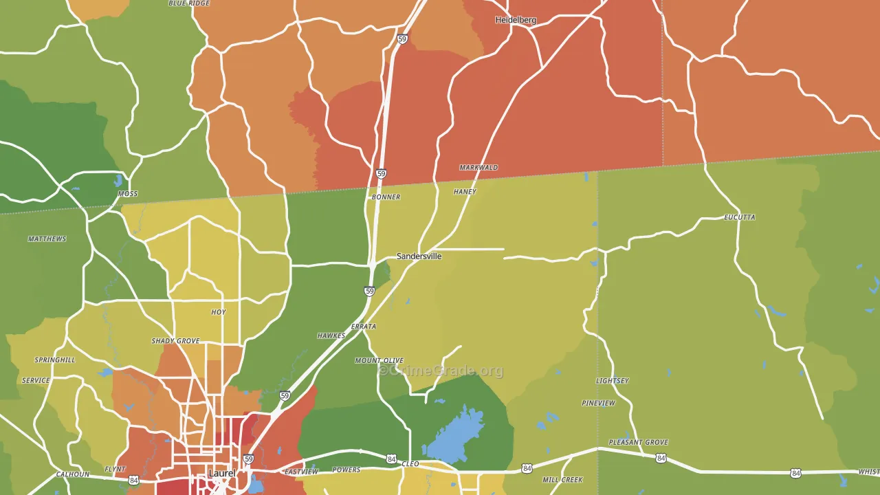 Sandersville, MS Map of Assault Rates