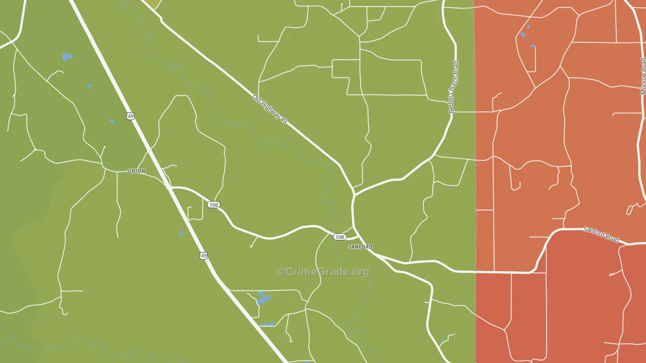 Sanford, MS Map of Assault Rates