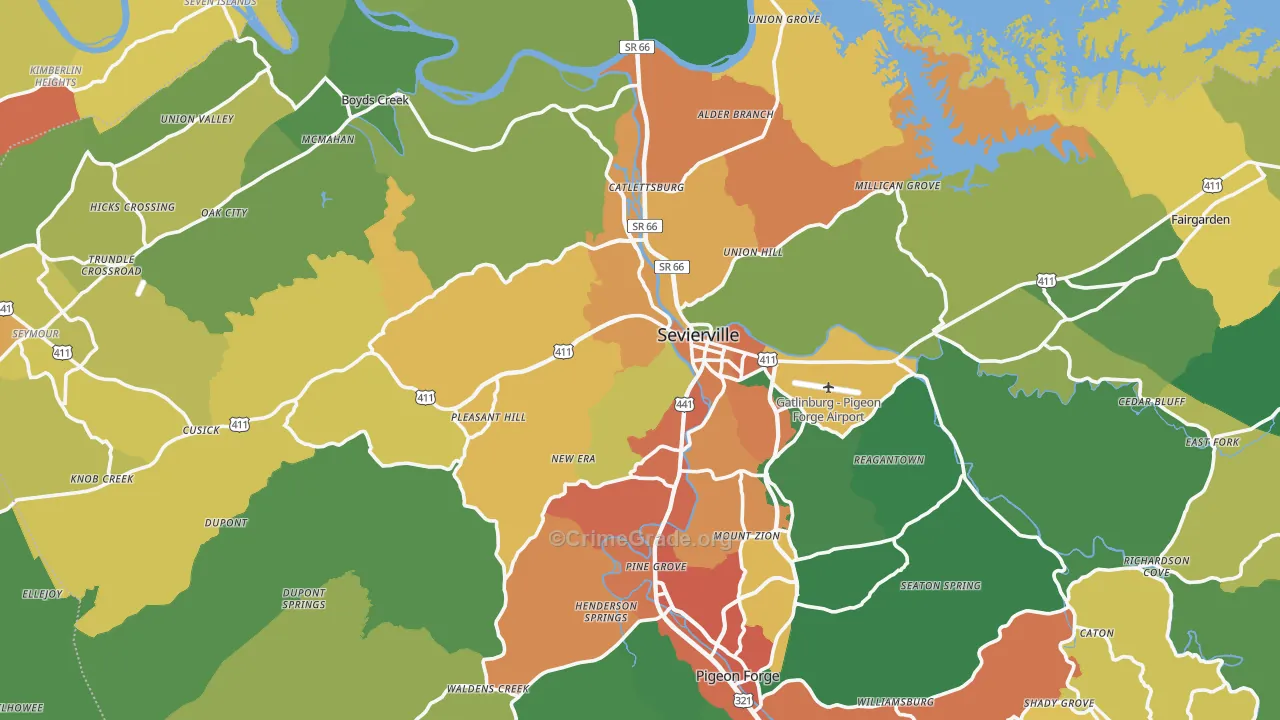 Sevier County, TN Map of Assault Rates
