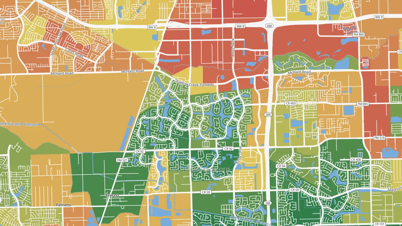 Shadow Creek Ranch, Pearland, TX Map of Assault Rates