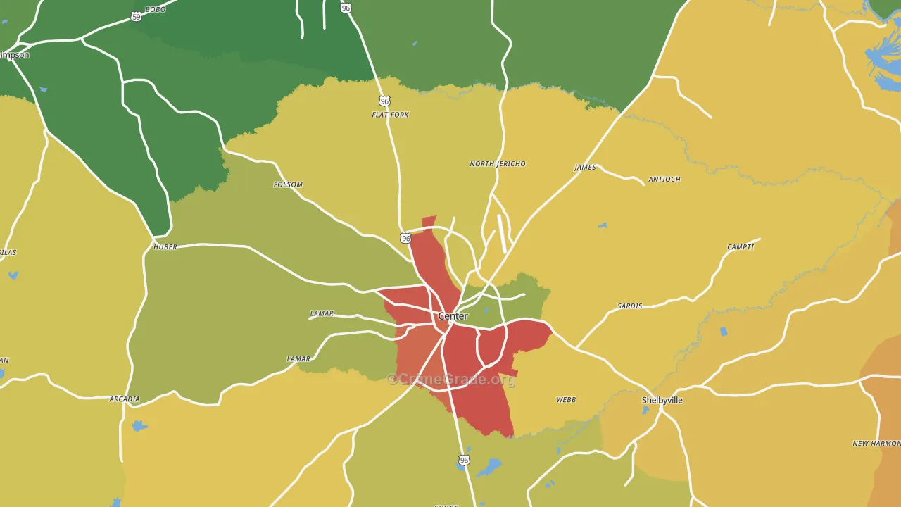 Shelby County, TX Map of Assault Rates