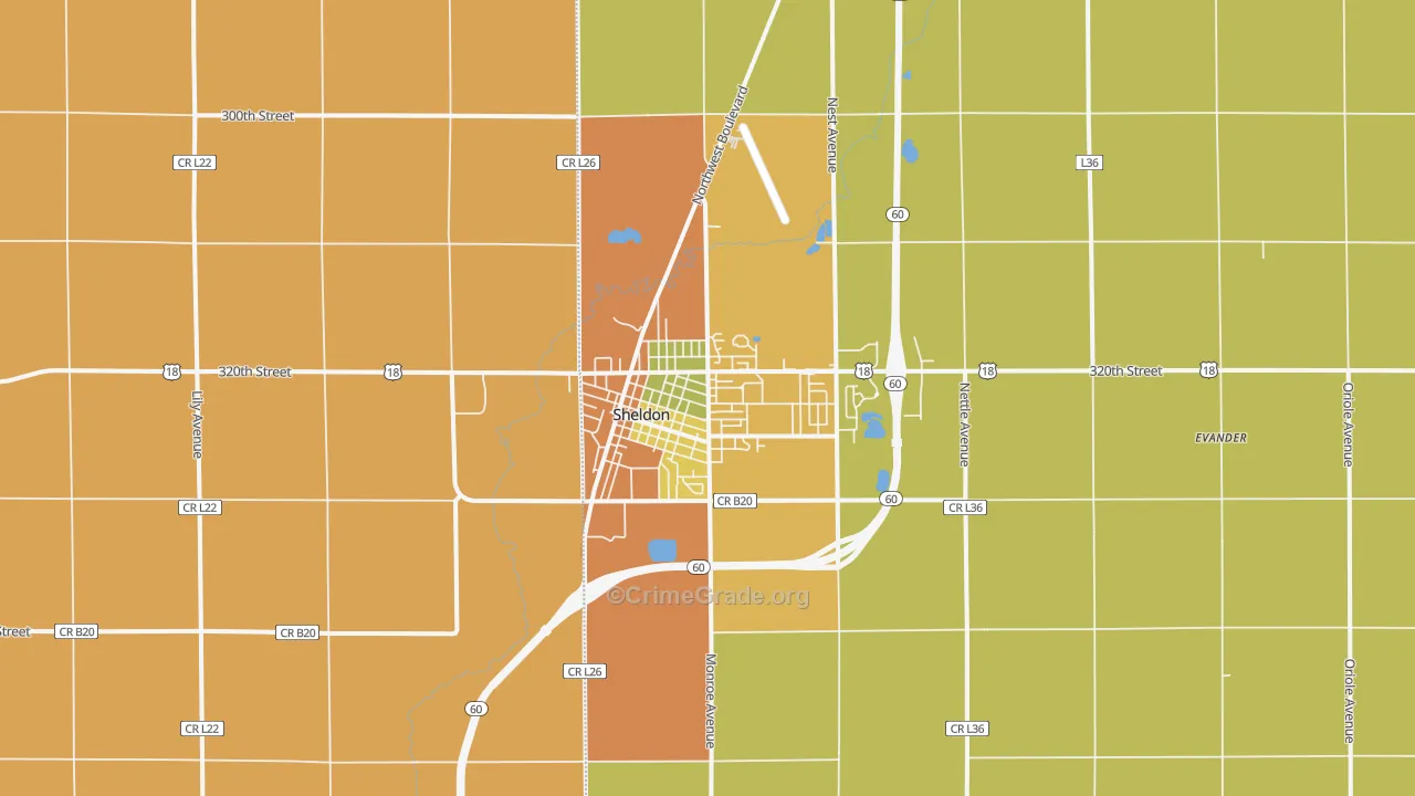 Sheldon, IA Map of Assault Rates