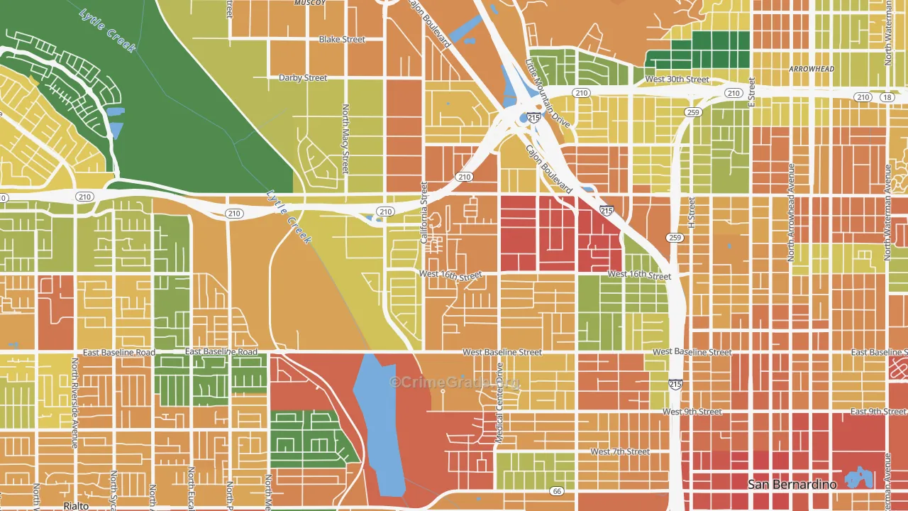 Shirrells, San Bernardino, CA Map of Assault Rates