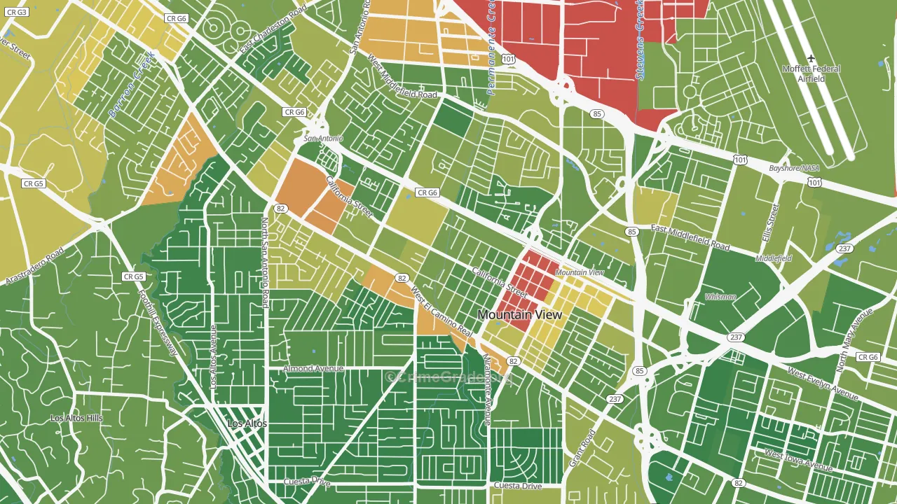 Shoreline West, Mountain View, CA Map of Assault Rates