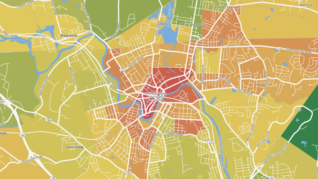 Social, Woonsocket, RI Map of Assault Rates