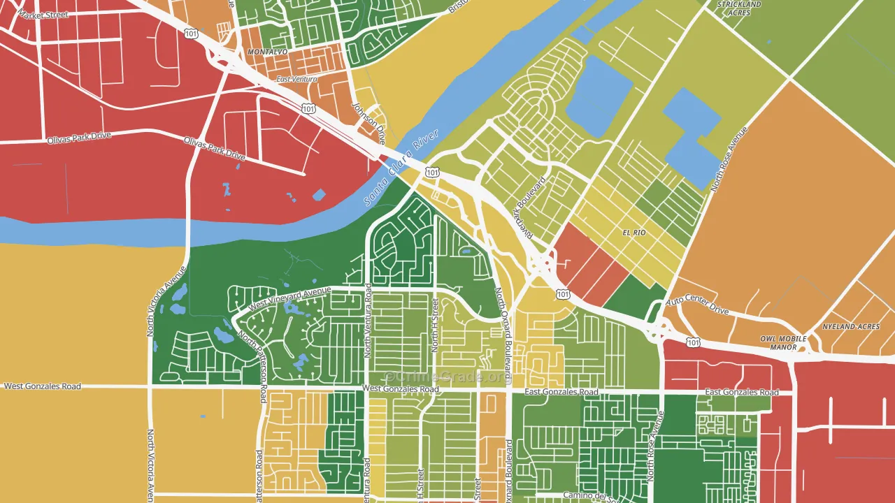 South Bank, Oxnard, CA Map of Assault Rates