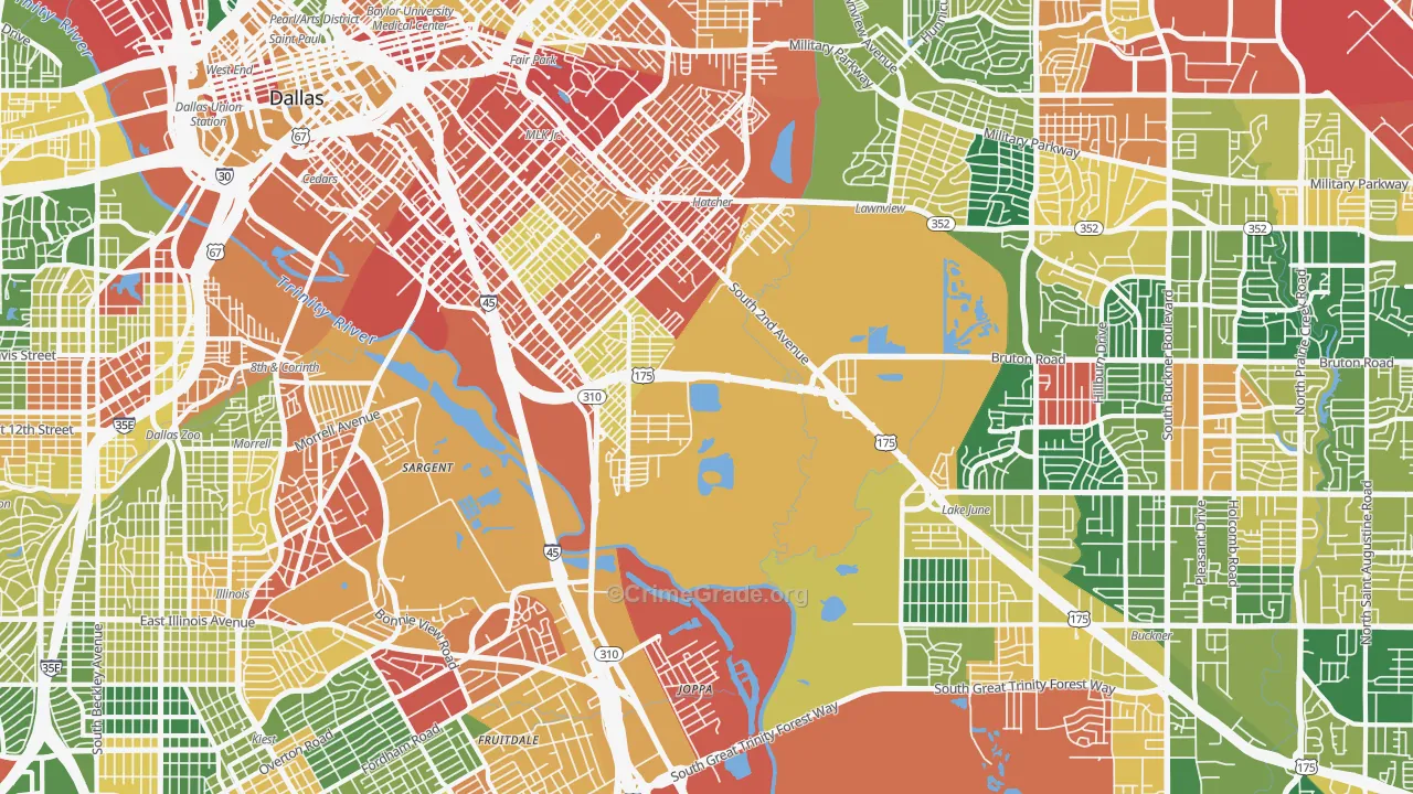 South Boulevard Park Row, Dallas, TX Map of Assault Rates