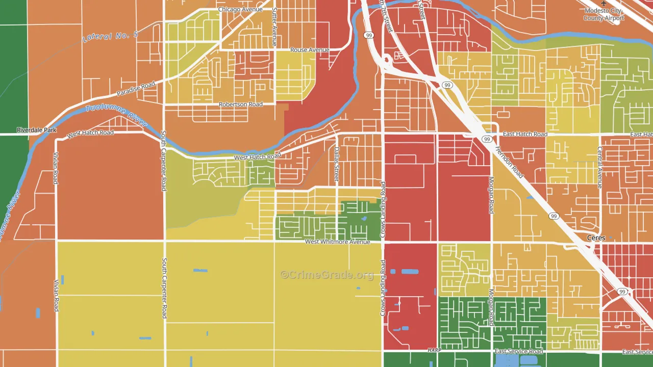 South Modesto Acres, Modesto, CA Map of Assault Rates
