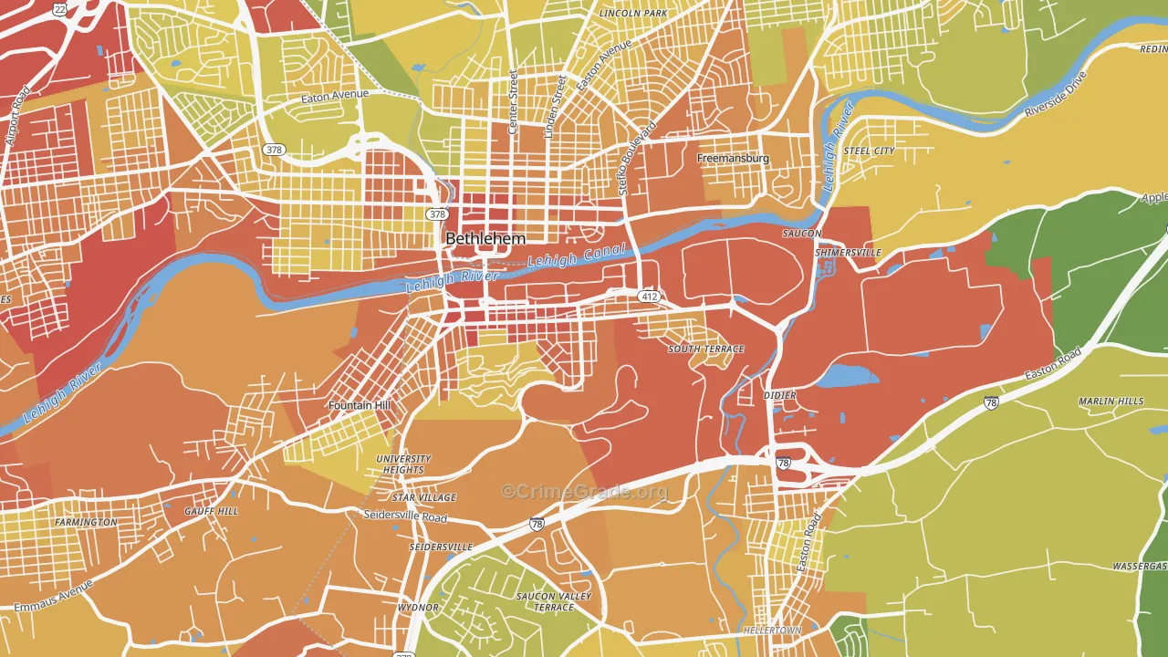 South Side, Bethlehem, PA Map of Assault Rates