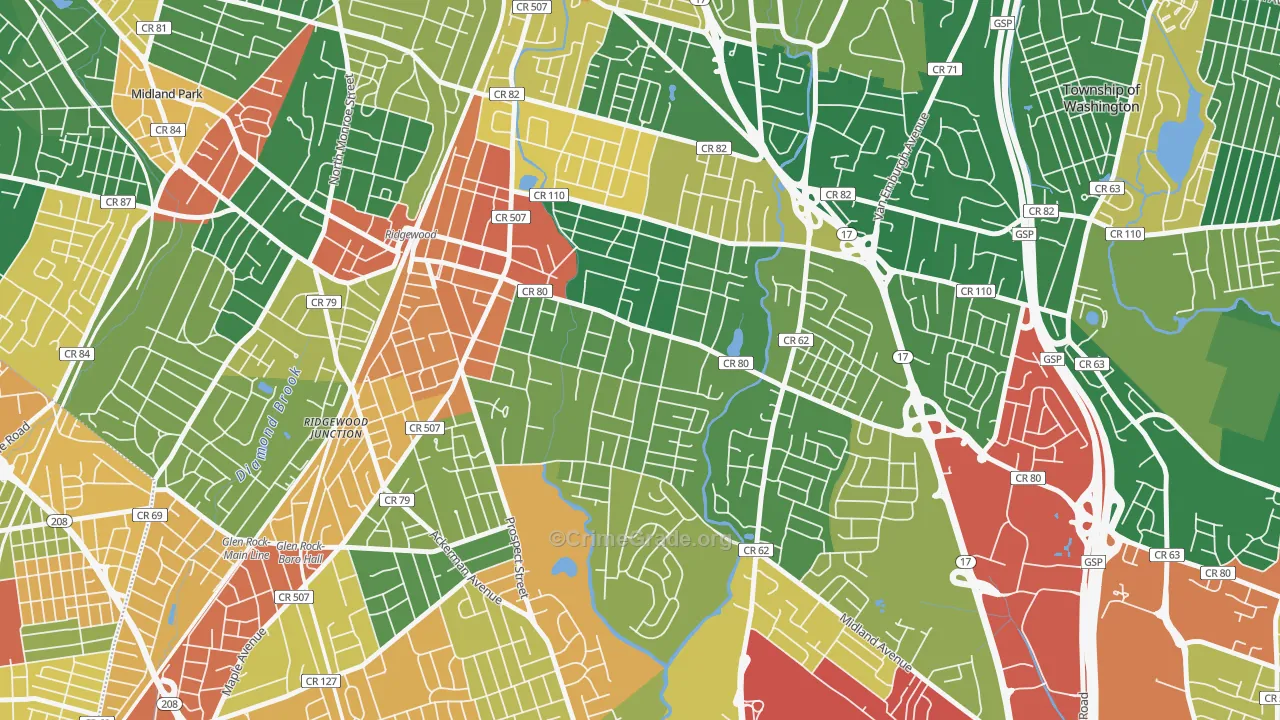 Southeast Ridgewood, Ridgewood, NJ Map of Assault Rates