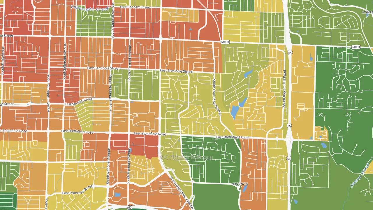 Southeast Springfield, Springfield, MO Map of Assault Rates