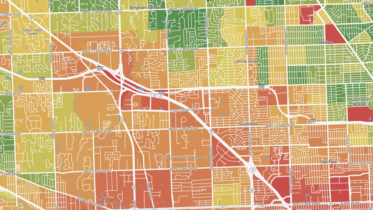 Southfield, MI Map of Assault Rates