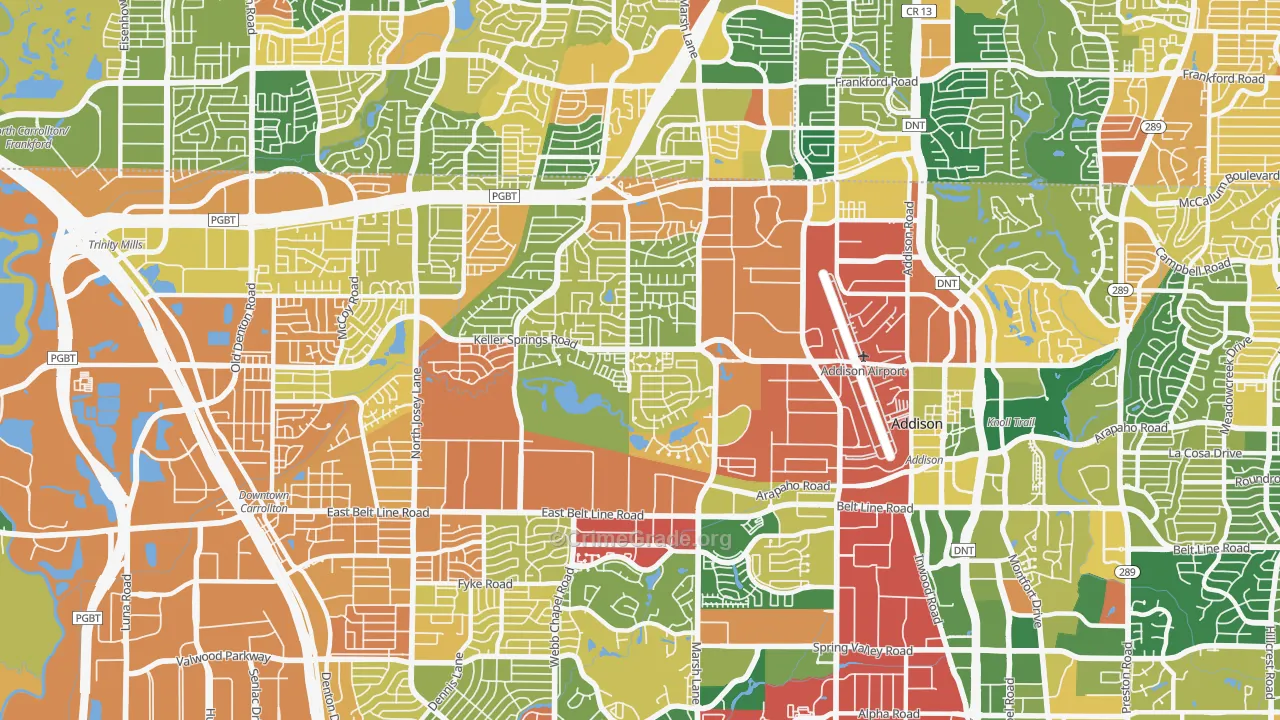 Southwest Carrollton, Carrollton, TX Map of Assault Rates