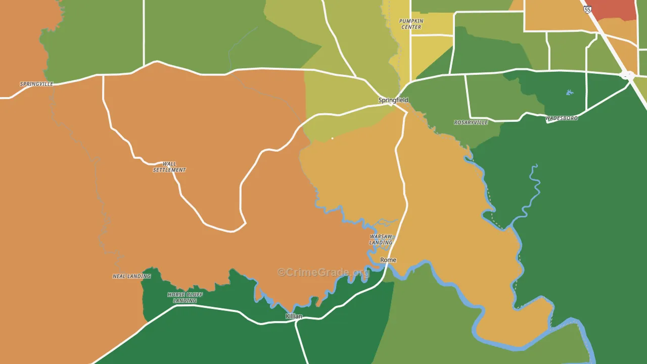 Springfield, LA Map of Assault Rates