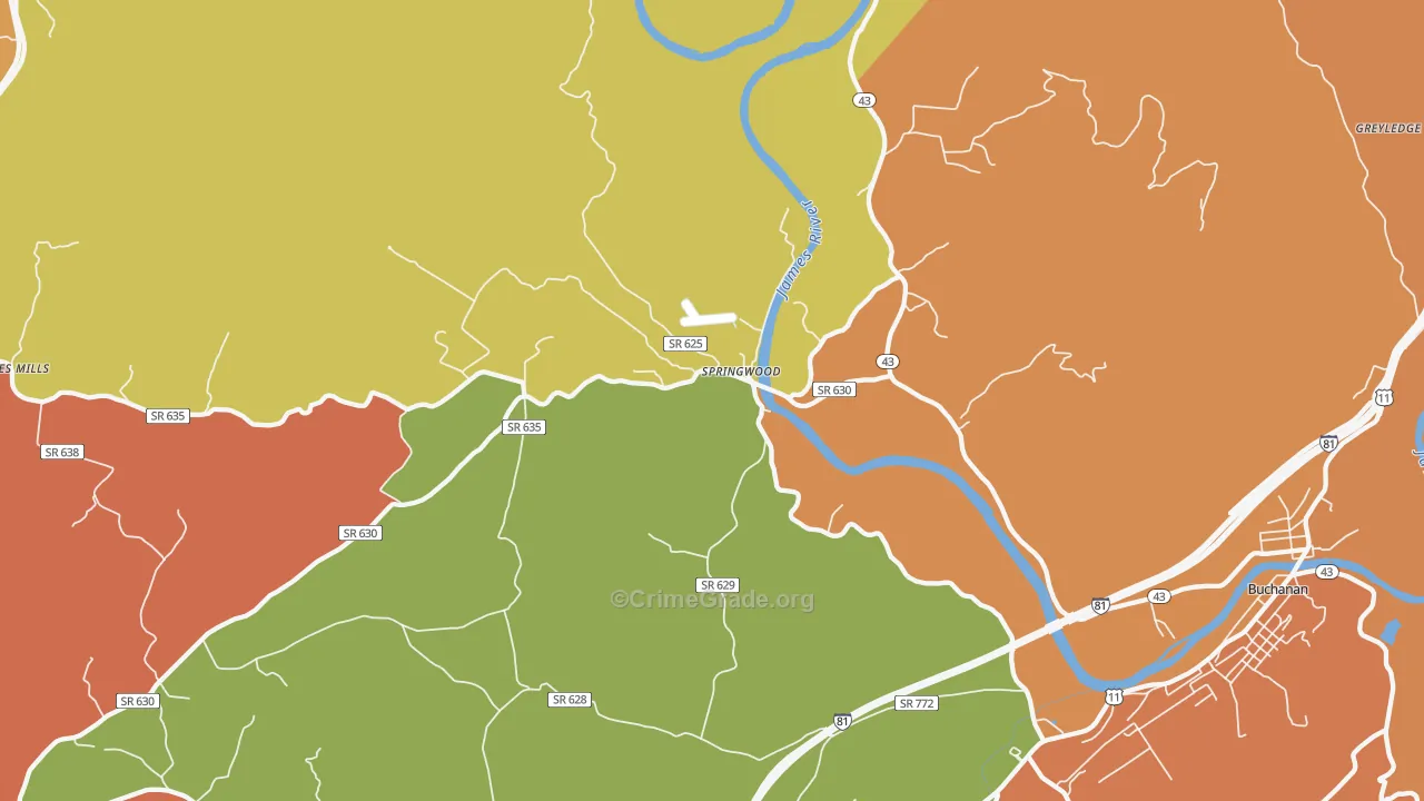 Springwood, VA Map of Assault Rates