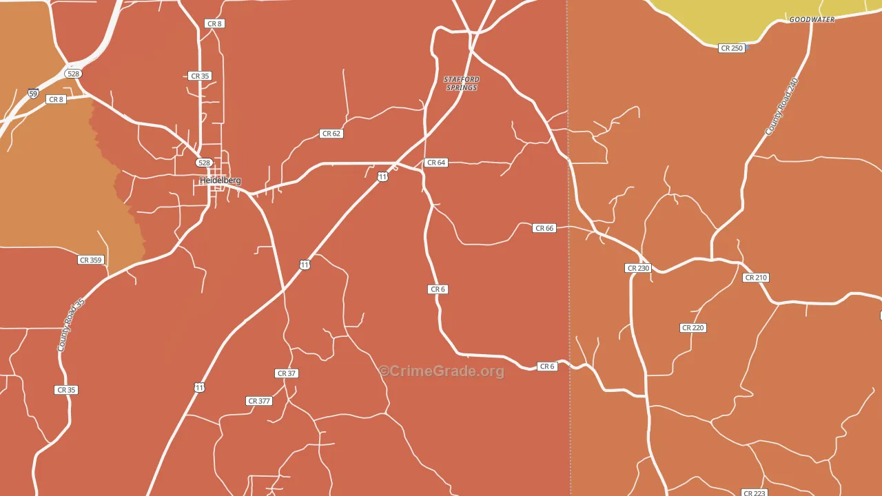Stafford Springs, MS Map of Assault Rates