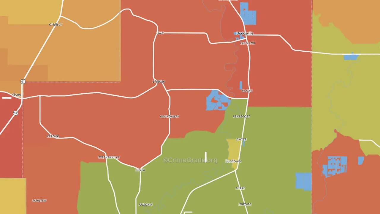 Sunflower County, MS Map of Assault Rates
