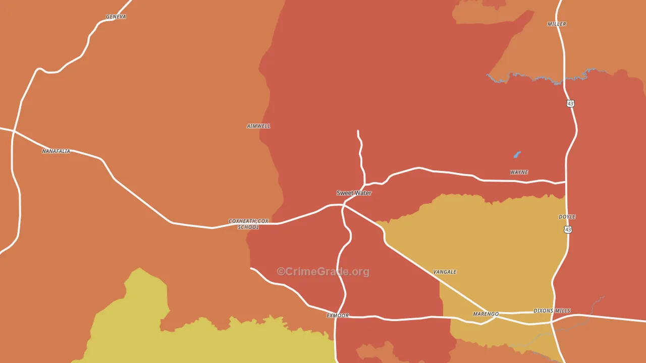 Sweet Water, AL Map of Assault Rates